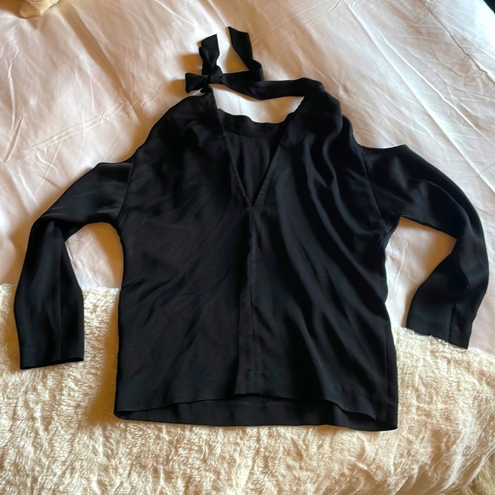 Wilfred Small black blouse with shoulder cut outs and bow tie collar